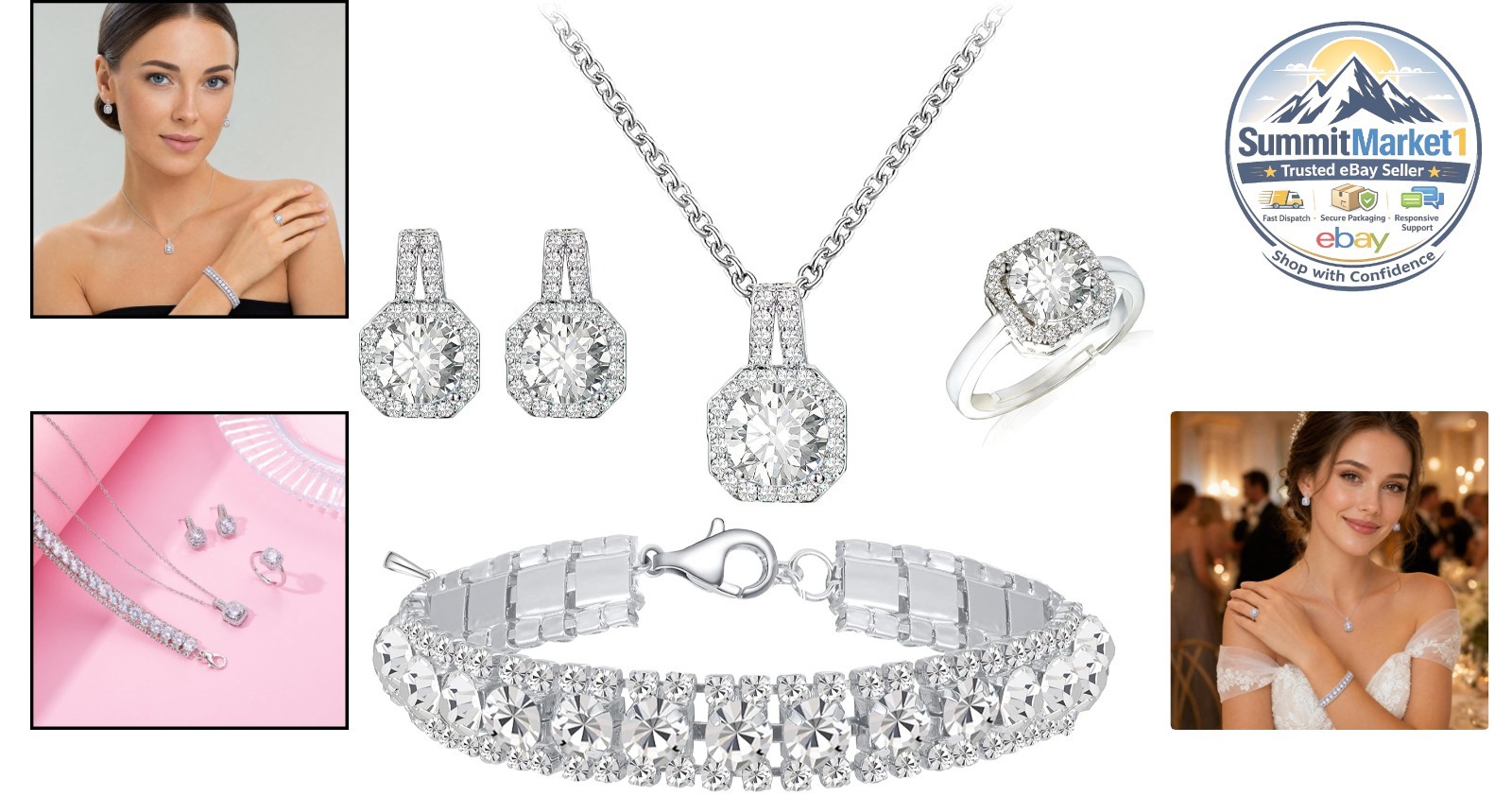 Cubic Zirconia Jewelry Set Necklace Earrings Bracelet Ring 4pcs