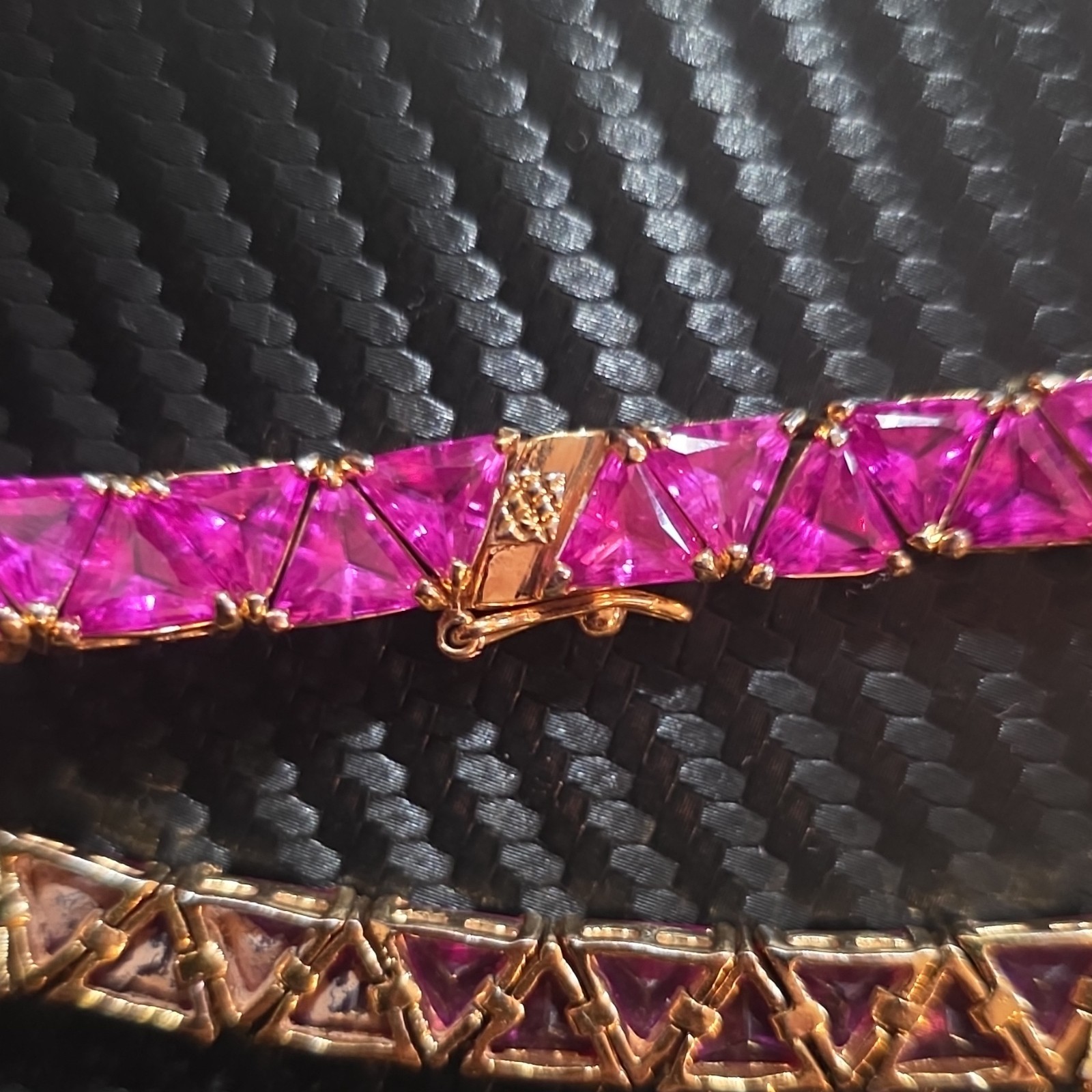 Gold Tone Pink Trillion Sim Crystal Rhinestone Tennis Bar Link Bracelet Box