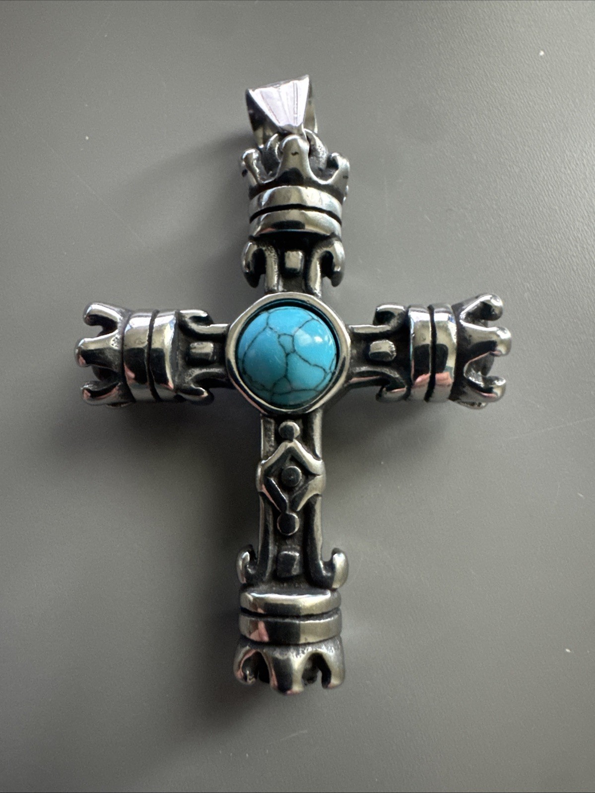 Three-dimensional Cross Pendant Dark Metal Tone Stainless Steel 24” Chain Viking