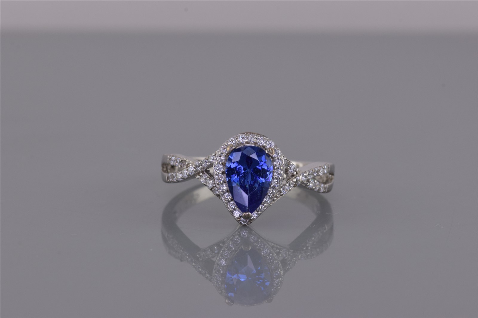 Sterling Silver Blue Pear Cubic Zirconia Halo Accented Twist Band Ring 925 Sz: 9