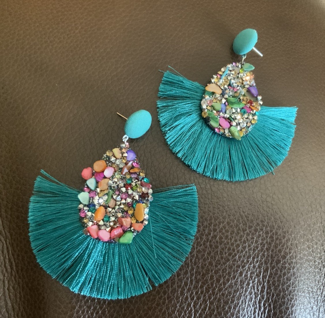 Ettika Turquoise Boho Tassel Statement Earrings Turquoise Fringe Crystal CZ Glam