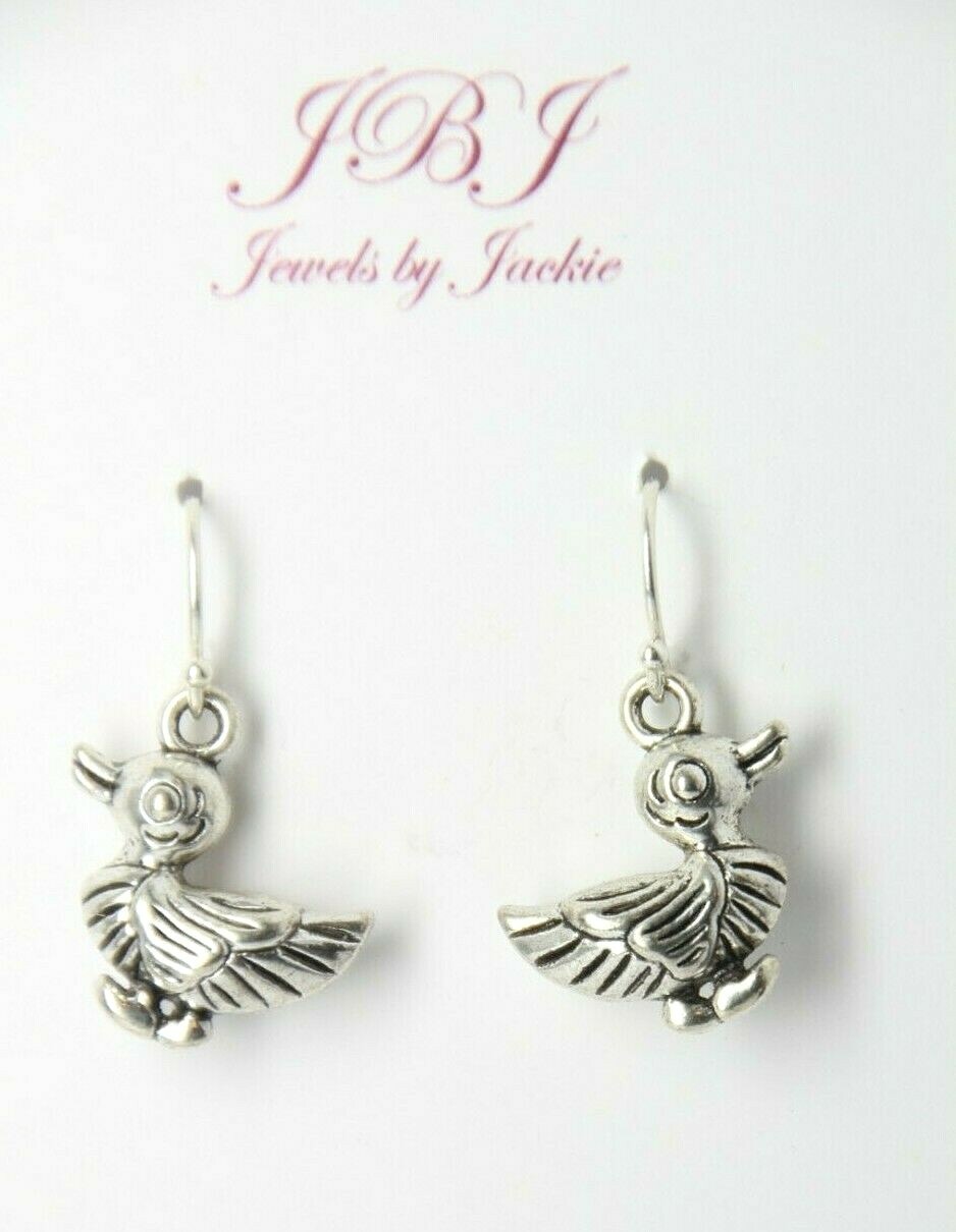 Duck Charm Earrings .925 sterling silver Hooks pewter Charms 1 1/4″ Ducky Birds
