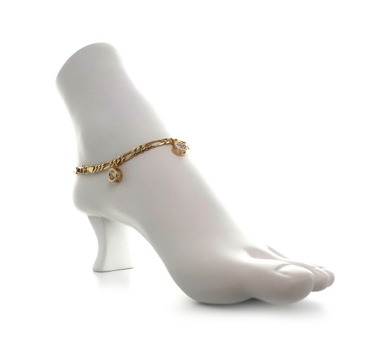 Italian Figaro Link Chain Anklet Cubic Zirconia Ankle Bracelet 14k Gold Plated