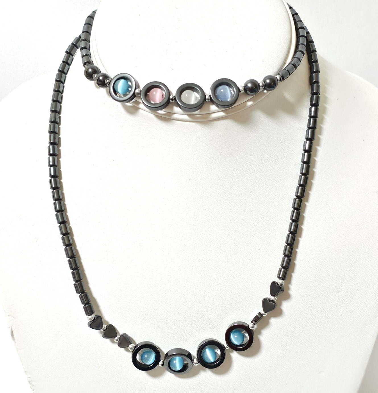 Hematite Necklace & Anklet Set Magnetic Beachy Heart Colorful Beads 18″/10″