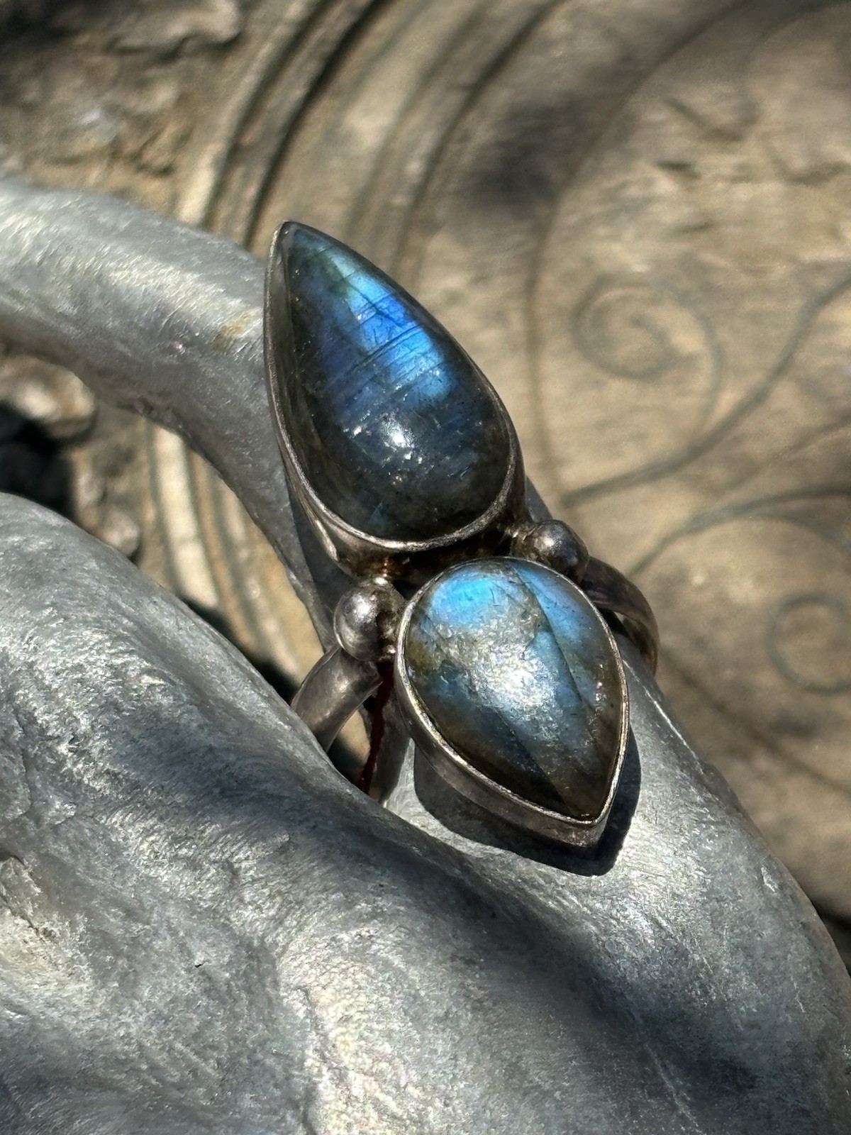 Double pear shaped labradorite gemstone silver ring size 9.25