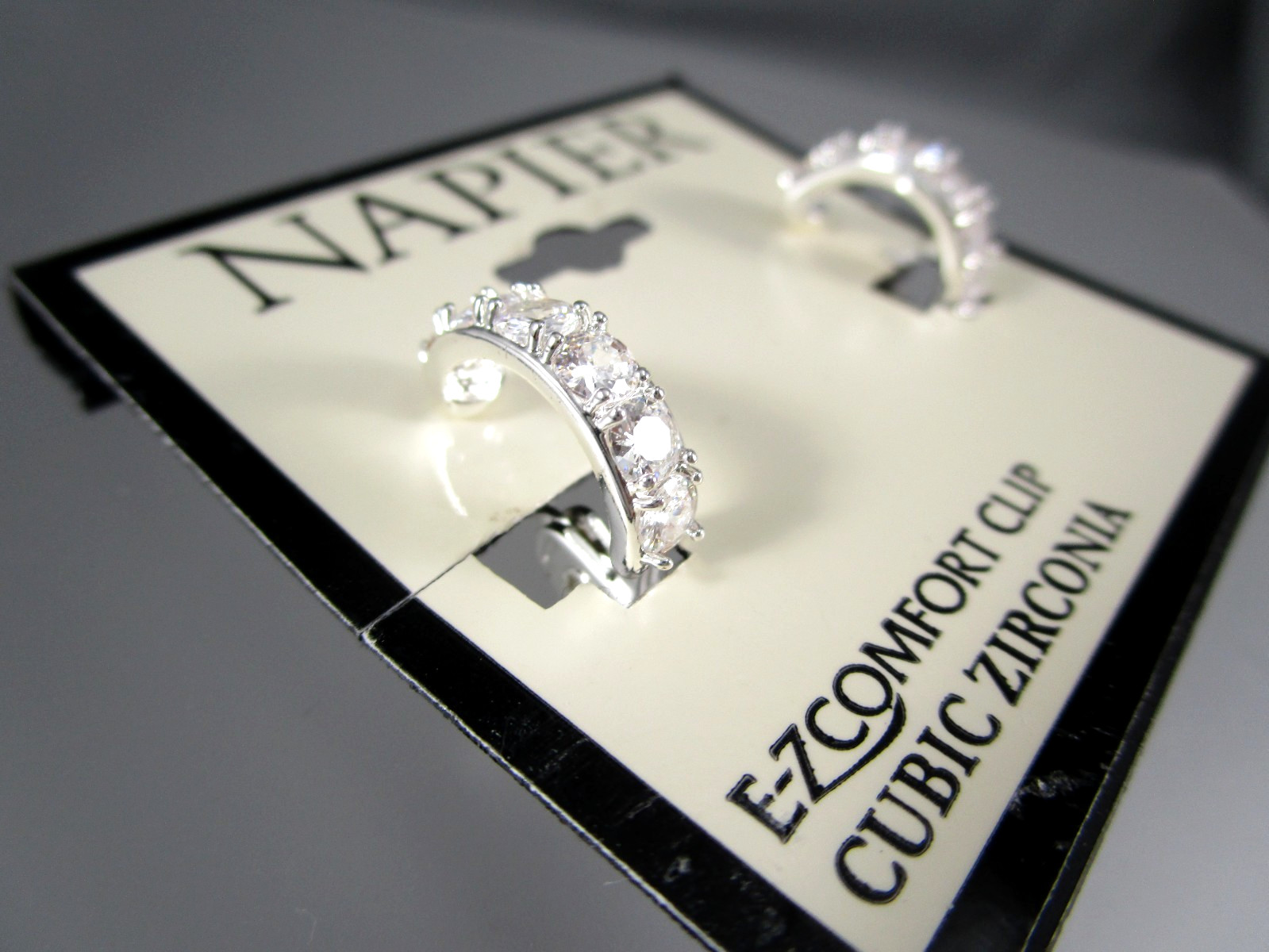 NWT NAPIER 5/8″ Silver Tone Hoop Cubic Zirconia Design Clip on Earrings 172N