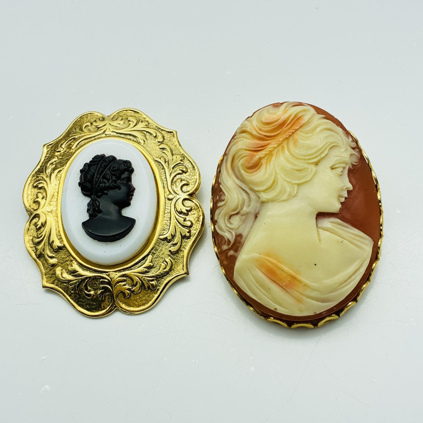 Gold Tone Cameo Brooch Pins Lot of 2 Lady Portrait Black White Cream Oval