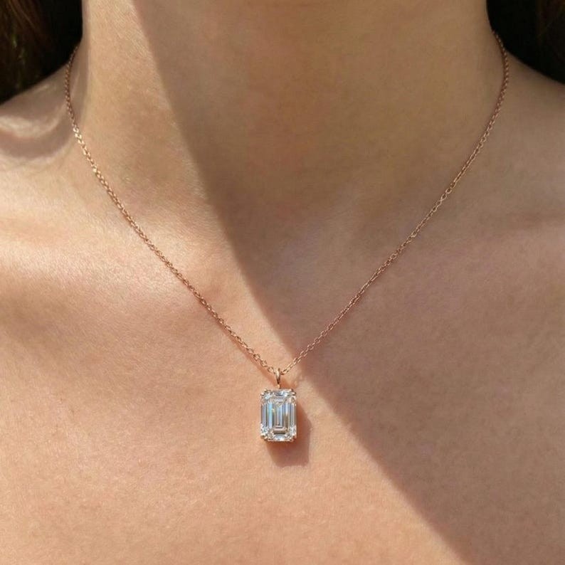 Solitaire Emerald Cut Moissanite Double Prong 10k Solid Gold Pendant For Her