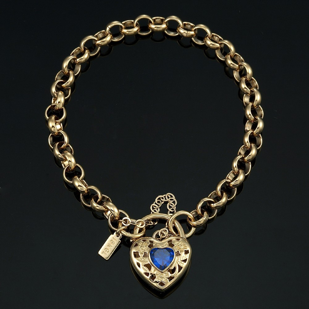 18K GL Solid Belcher Gold Bracelet Filigree Heart Padlock & Sapphire Blue Gem