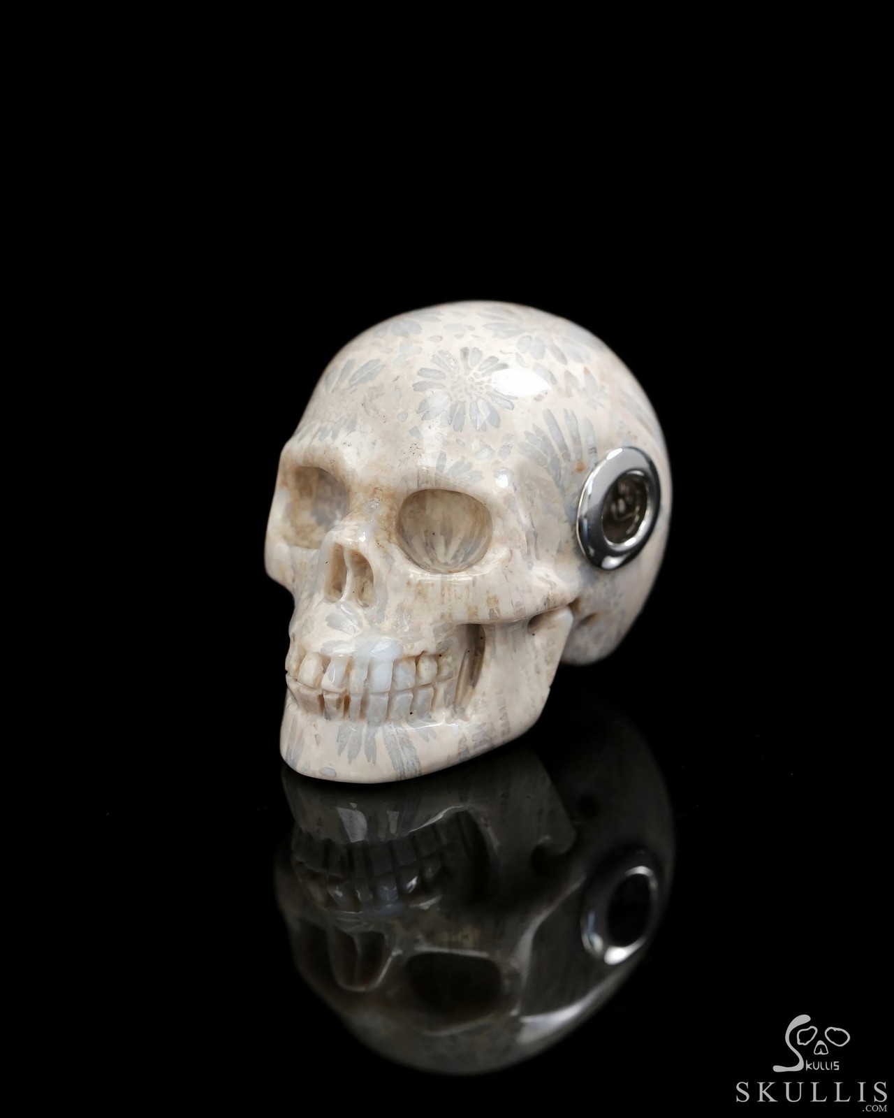 Necklace of 1.2″ Coral Fossil Hand Carved Crystal Skull Pendant, Skull Jewelry