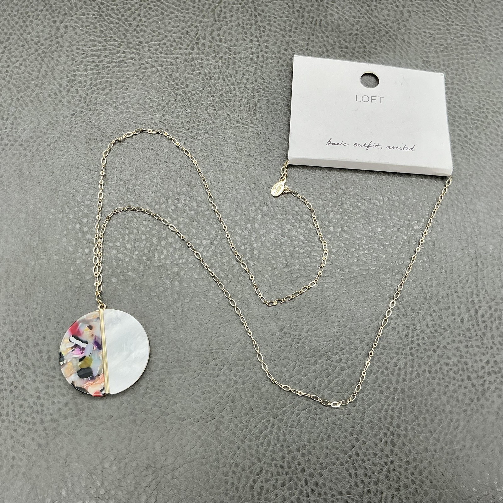 LOFT Necklace Gold Tone Multicolor Resin Round Pendant 36 In Statement Jewelry