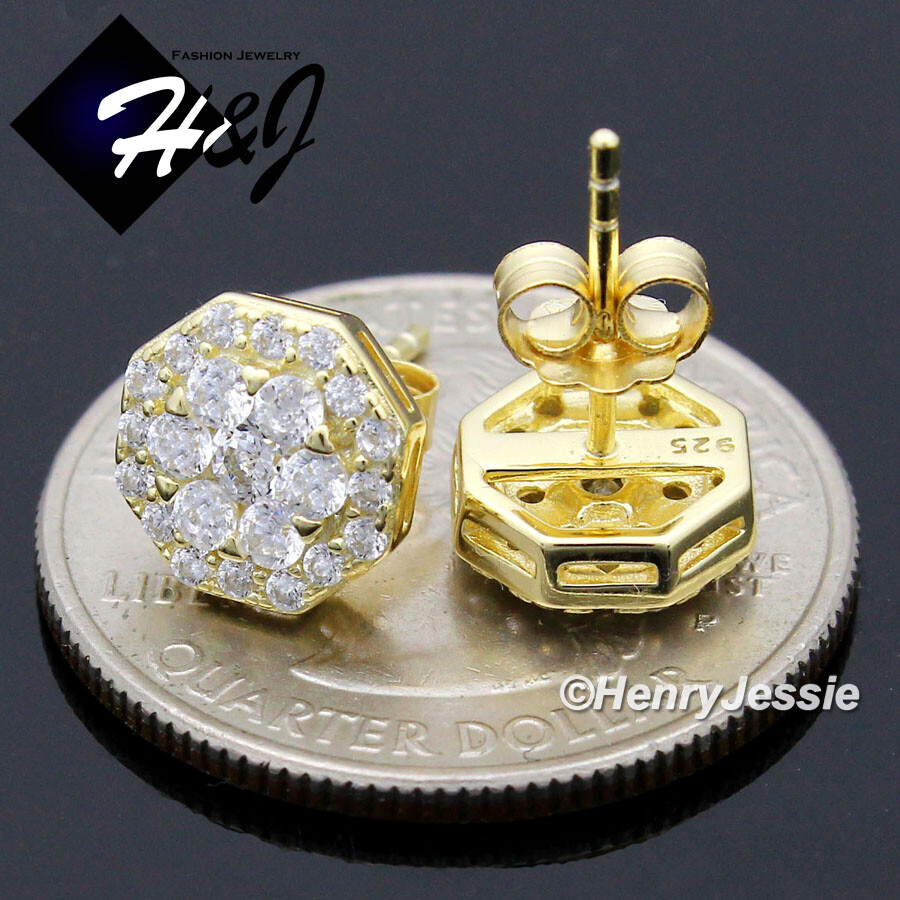 925 STERLING SILVER ICY CUBIC ZIRCONI 9MM OCTAGON GOLD PALTED STUD EARRING*G220