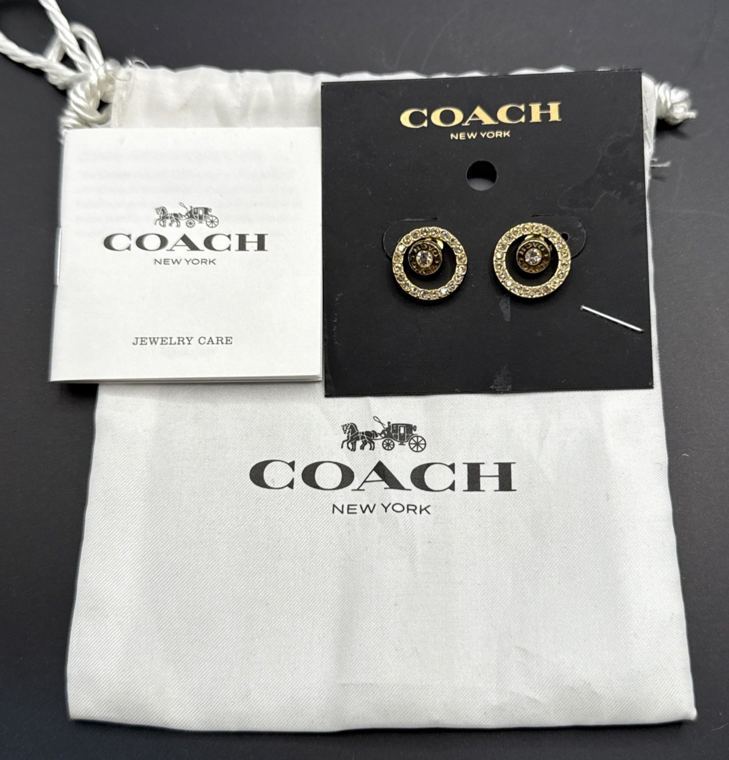 Coach Signature Open Circle Halo Gold Tone Pave Stone Stud Earrings F68009