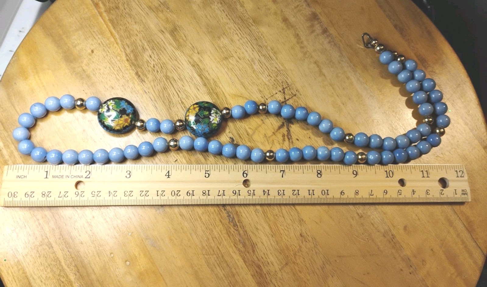 CERAMIC Bead Chinese CLOISONNE Lily Flower Ivy 20″ Necklace Periwinkle Tone EUC!