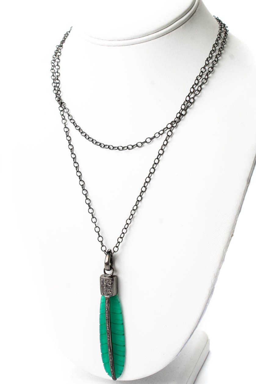 Shay Womens Silver Tone Chalcedony + Diamond Feather Pendant + 925 36″ Chain
