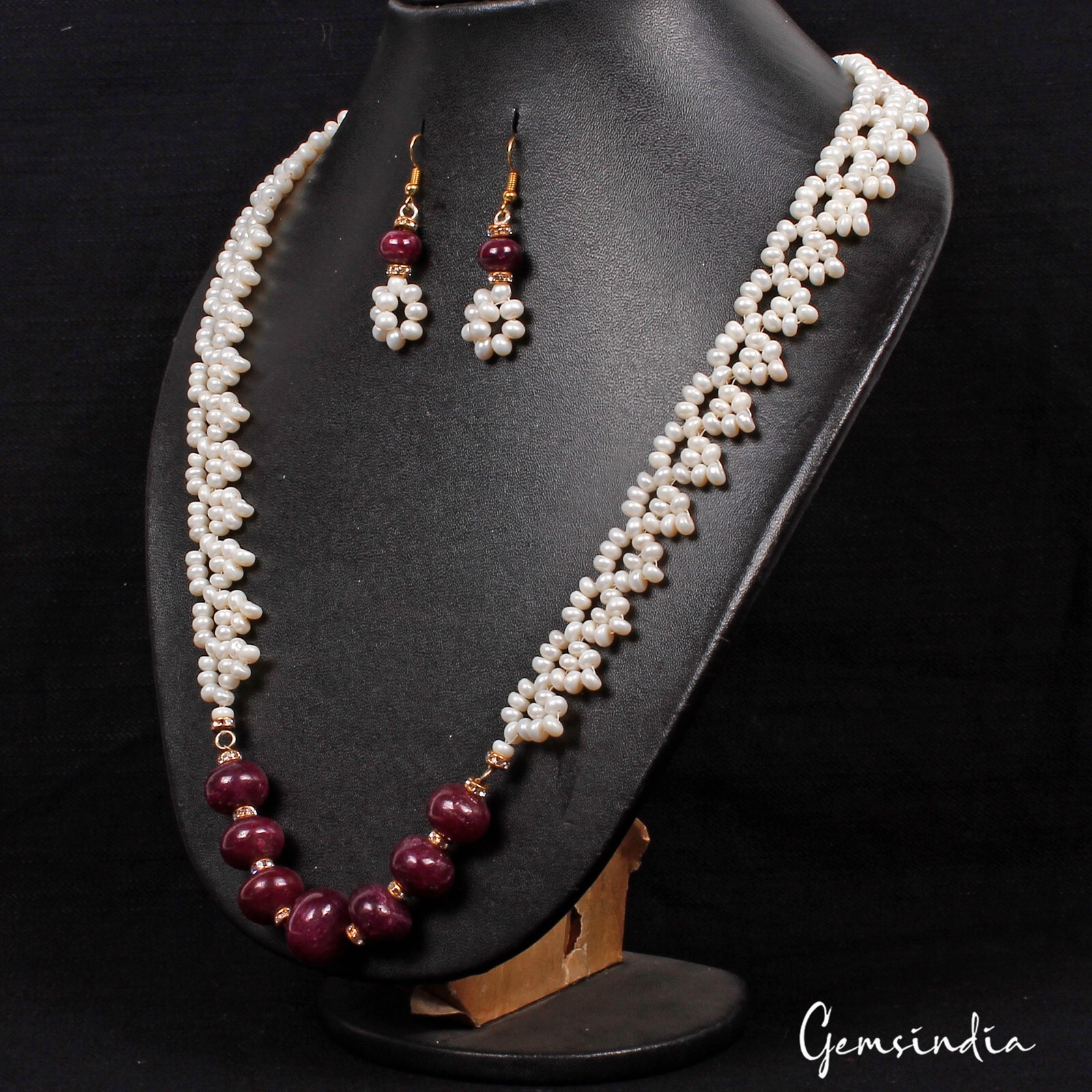 450 Ct Natural Freshwater Pearl & Ruby Beaded Handmade Necklace & Earrings 24″