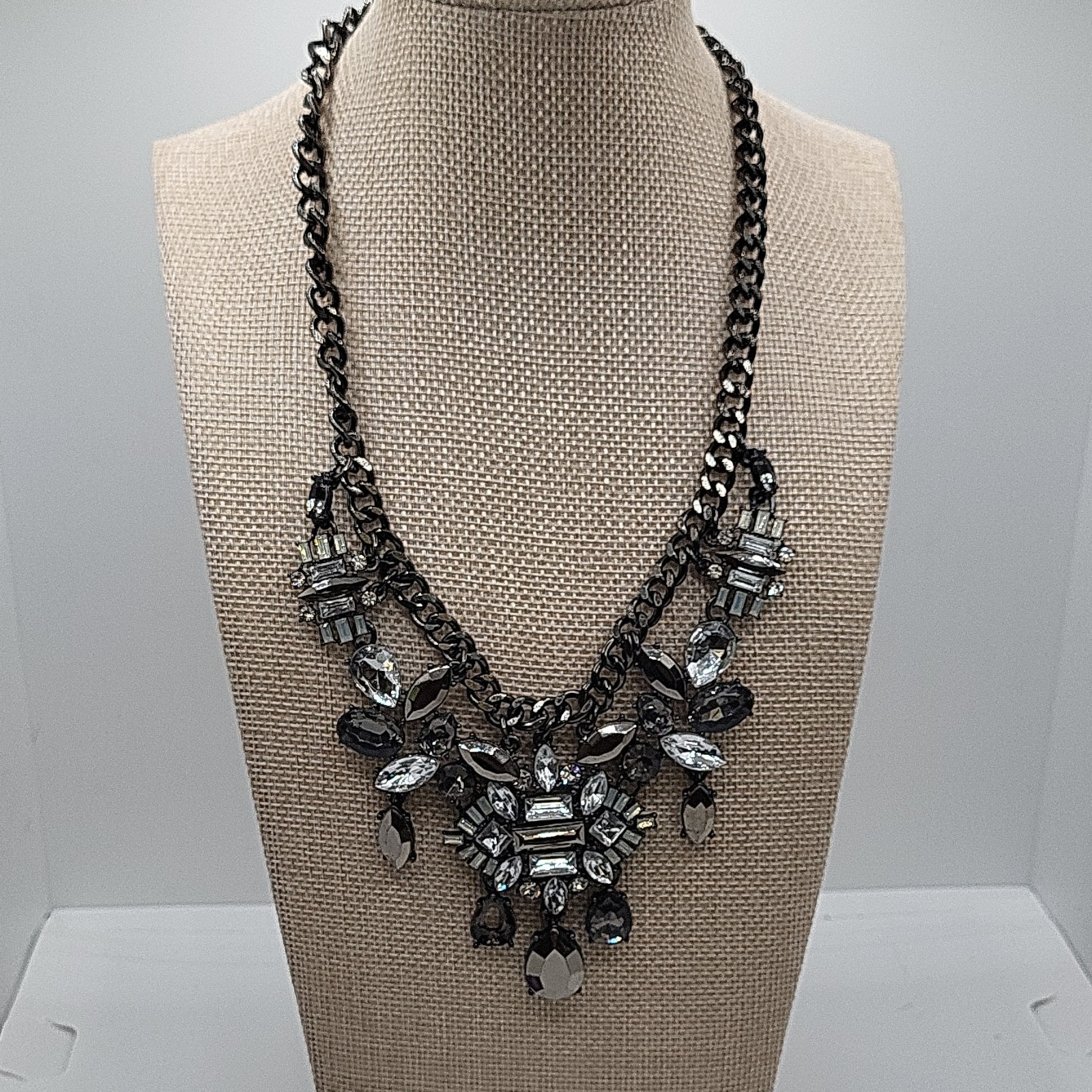 Black Silver Tone Curb Link Statement Chain Necklace Clear Crystal Sparkles
