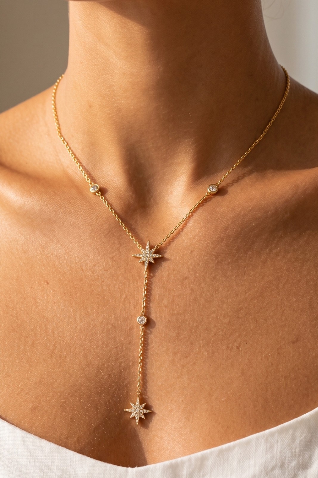 Stainless Steel 18K Gold Plated CZ North Star Y Lariat Drop Necklace Gift