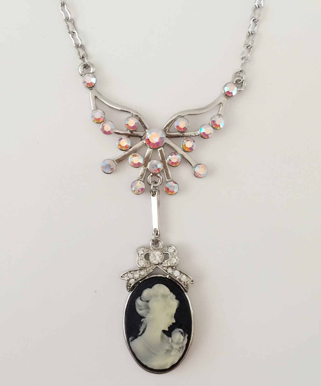 New Pink Crystal Black Vintage Style Lady Cameo Dangler Chain Necklace NE1393