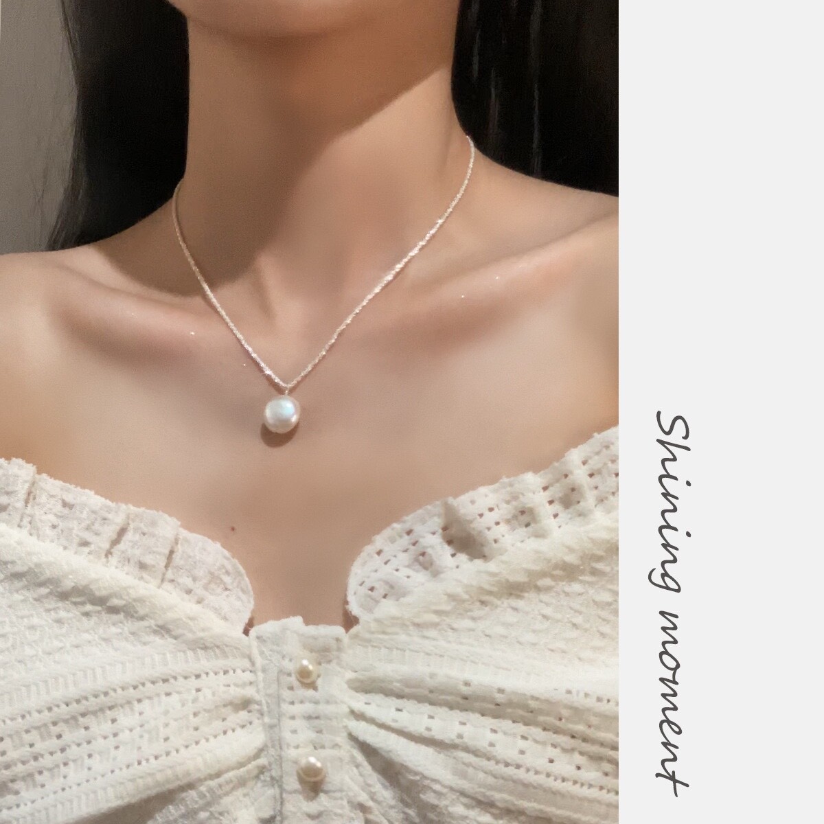 New 925 Sterling Silver Starry Chain 12mm Baroque Pearl Drop Pendant Necklace