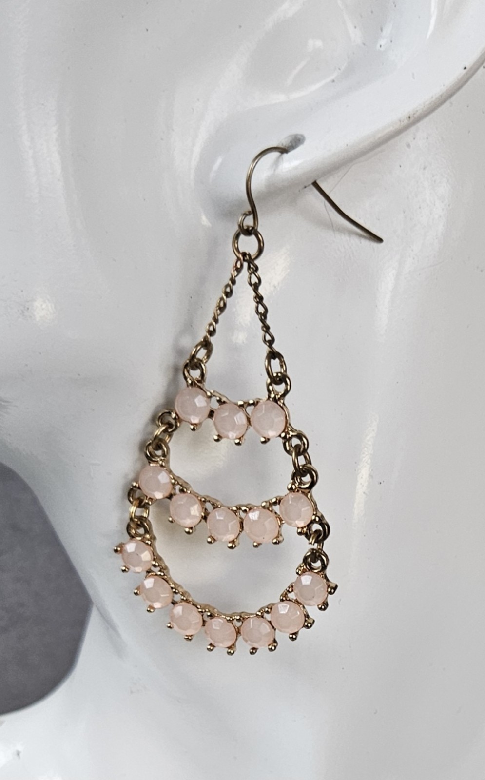 Cookie Lee Chandelier Earrings Pale Peach Soft Rose Pink Glass Stones Gold Tone