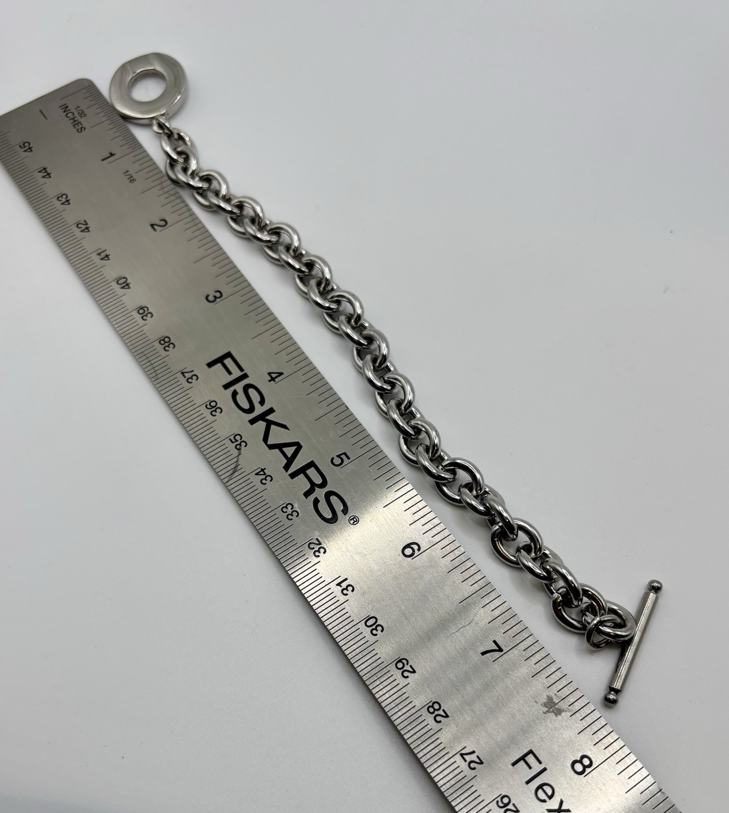 Rolo Curb Link Chain Bracelet with Toggle Clasp Silver Plated Vintage Stock 7.5″