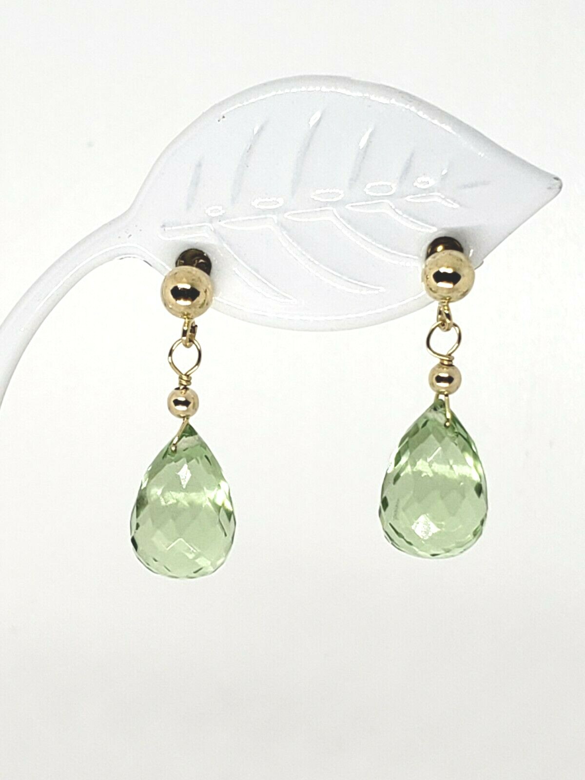 14k Yellow Gold Green Amethyst Briolette Ball Post Drop Earrings