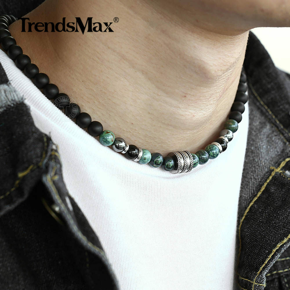 Natural Tiger Eyes Jasper Beaded Necklace for Unisex Stainless Steel Charm Xmas
