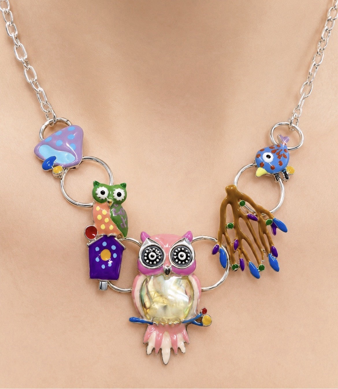 Enameled Owls Bird Nature Elements Whimsical Necklace Animal Themed Jewelry