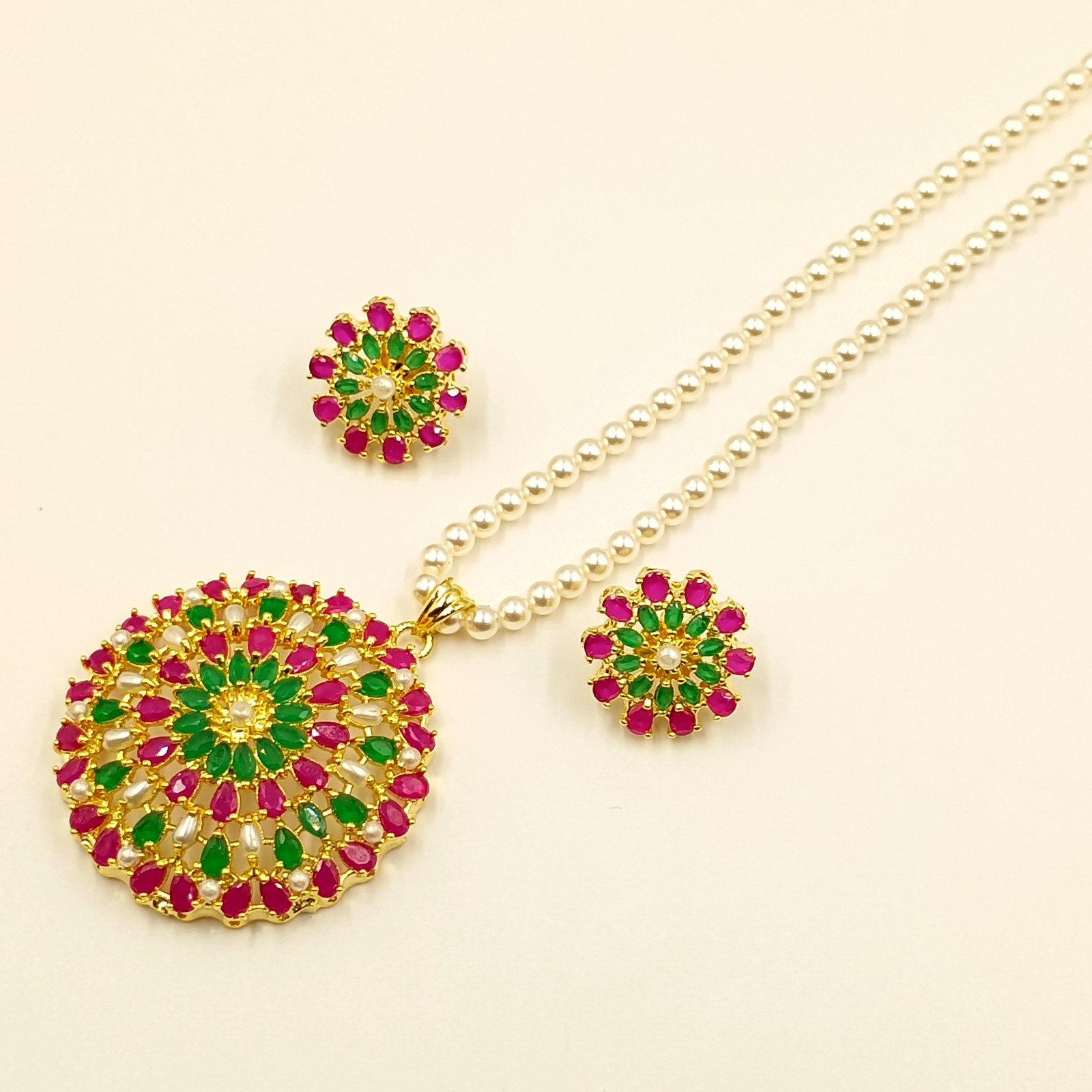 Ruby Emerald & Pearl Pendant Set 22k Gold Plated Traditional Indian Jewelry Gift