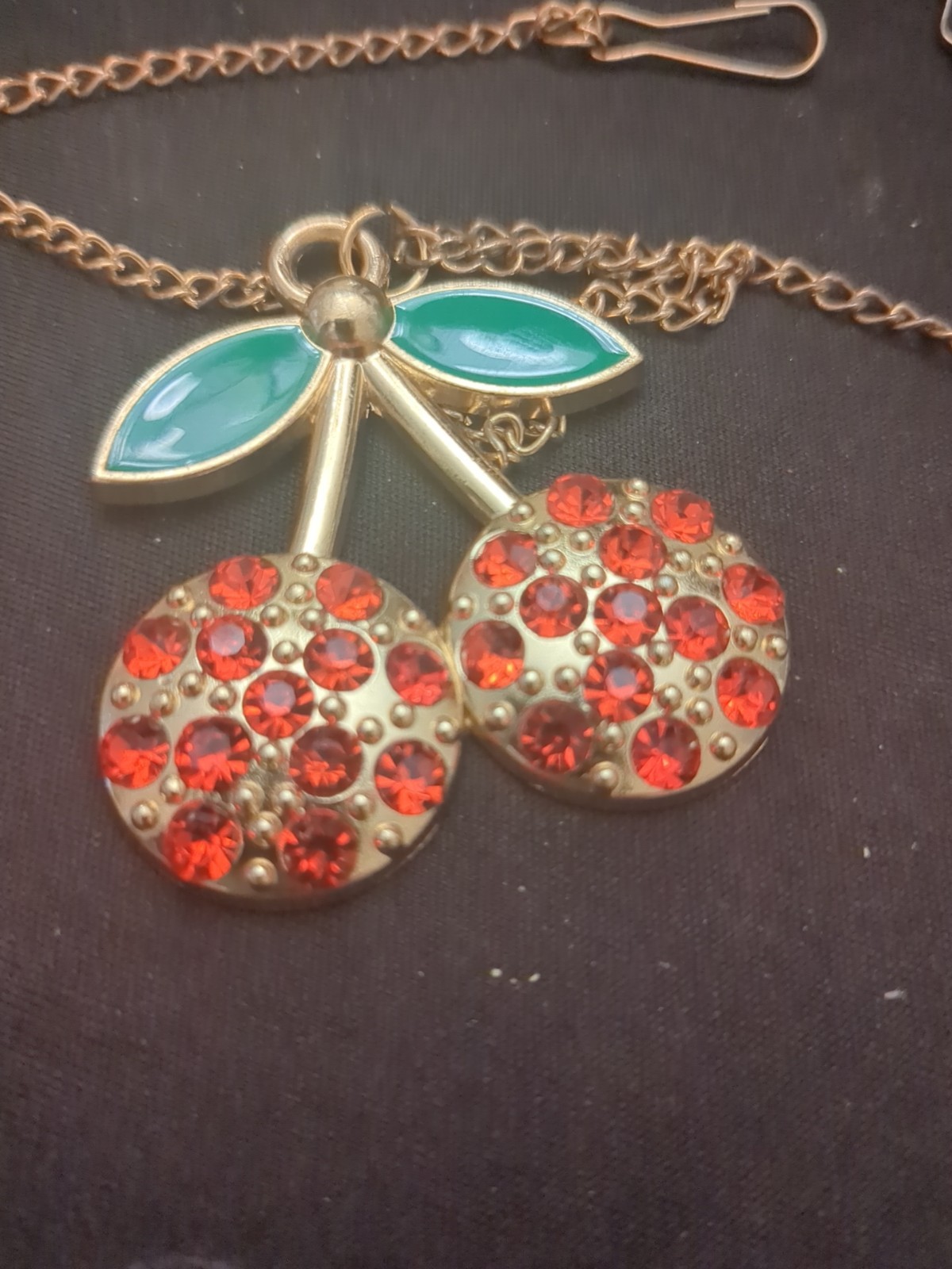 Pre-owned RED CHERRY JEWELED Blouse Chain, Gold Tone, Chain Has Hooks To Blouse