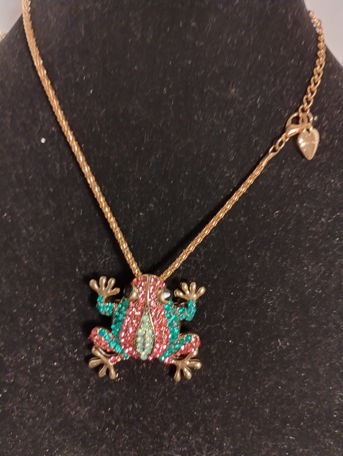 Betsey Johnson Green & Pink Rhinestone Frog Shaped Necklace Or Pin