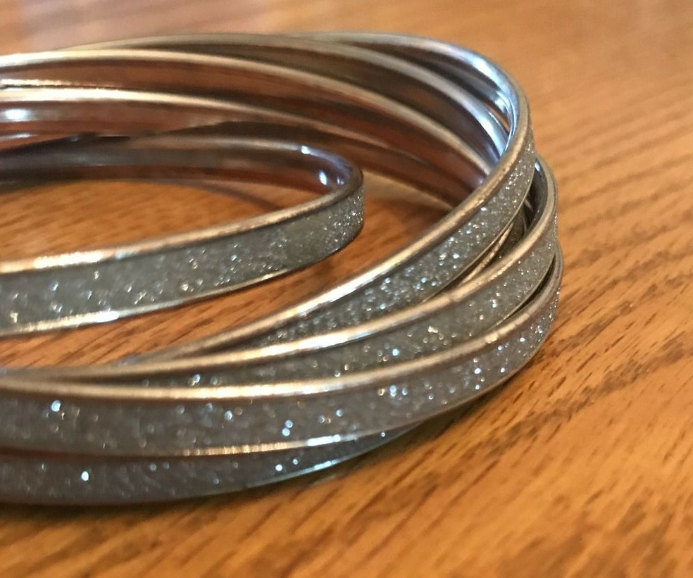 6 Dangle Bracelets Silver Tone Glittery Copper Trim Adult Size Intertwined