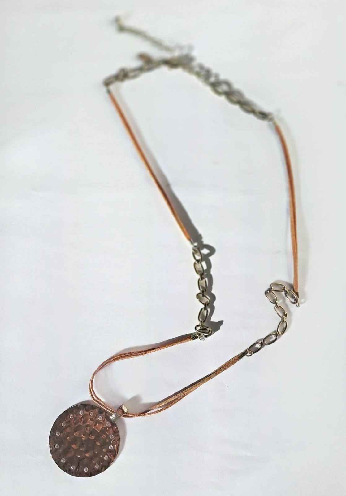 Leather brass necklace, golden pendant made of hammered copper
