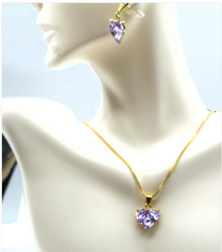 Elegant Lavender Heart Crystal Necklace & Earrings Set, Romantic Pastel Gift