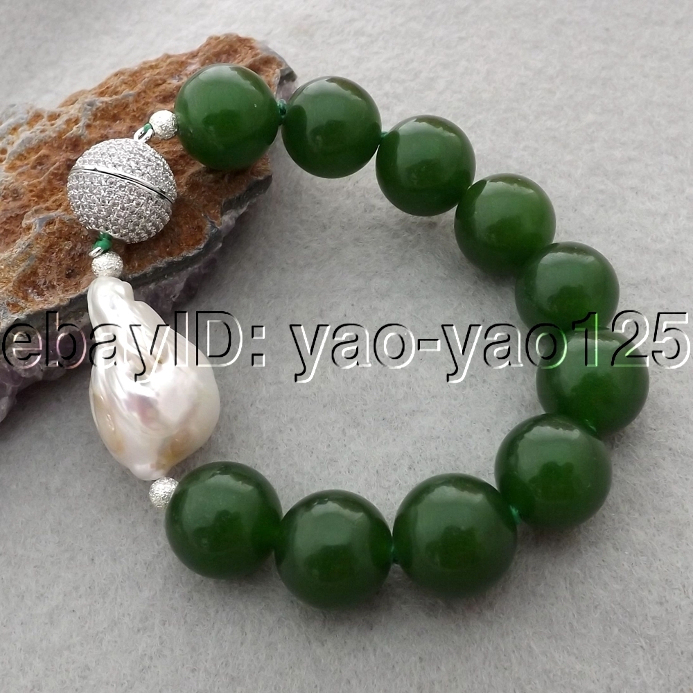 K061211 8” 16MM Green Jade White Keshi Pearl Bracelet