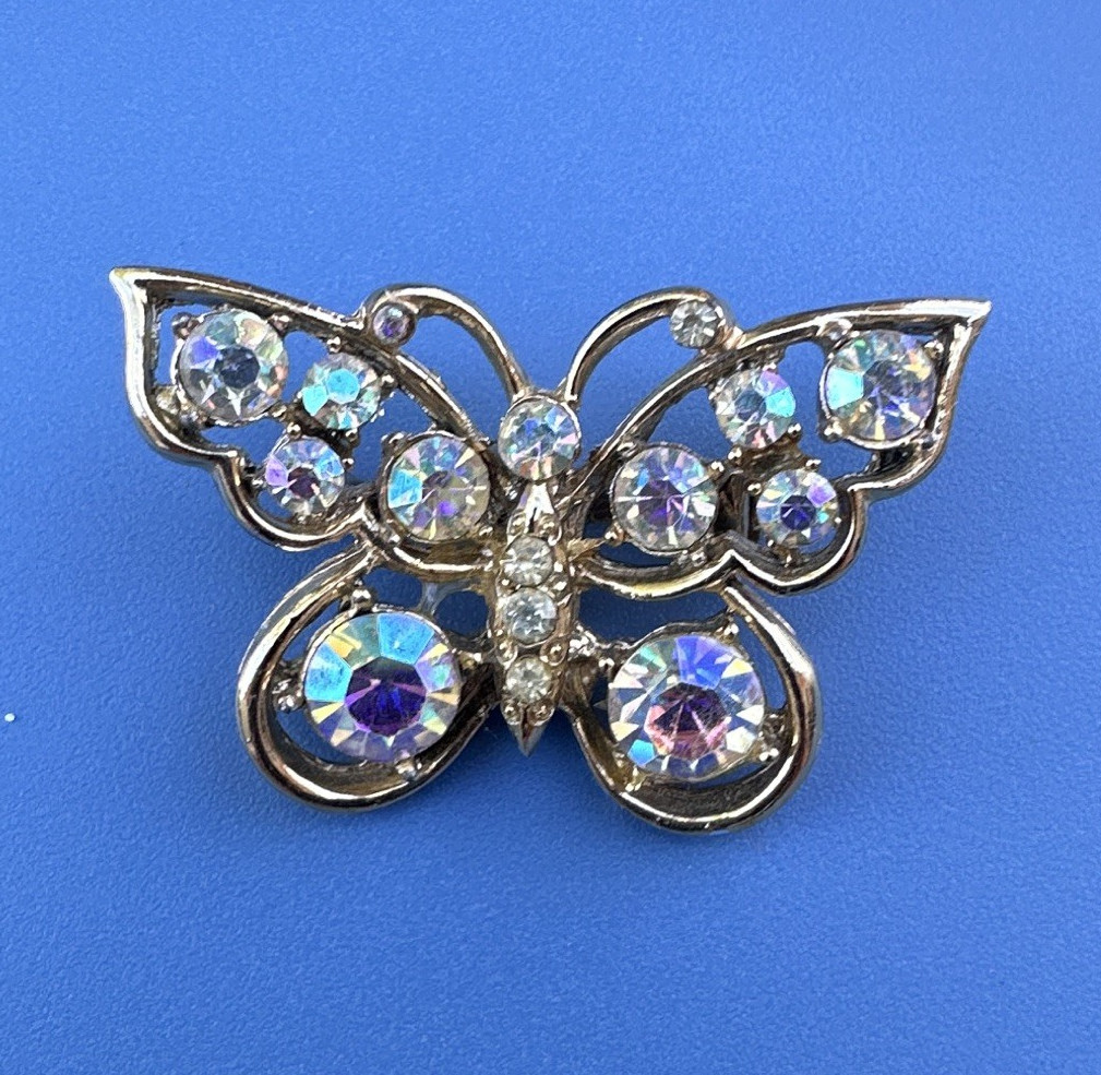 Silver Tone Butterfly Brooch Pin with Blue Round Rhinestones, Animals & Insects