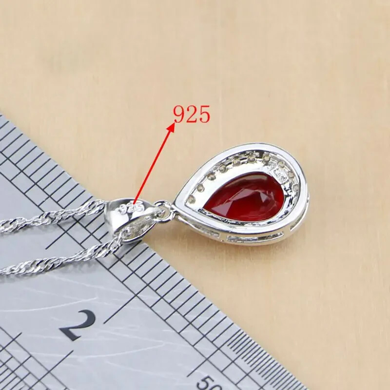 925 Silver CZ Pear cut Red Garnet Ring Earrings Pendant Necklace Bracelet Set