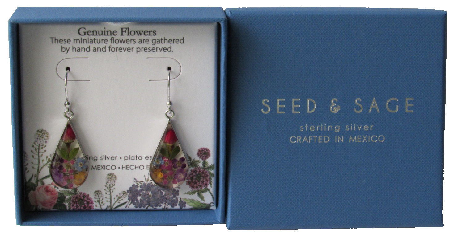 Seed & Sage 925 Sterling Silver Dry Pressed Flower Teardrop Dangle Earrings NIB