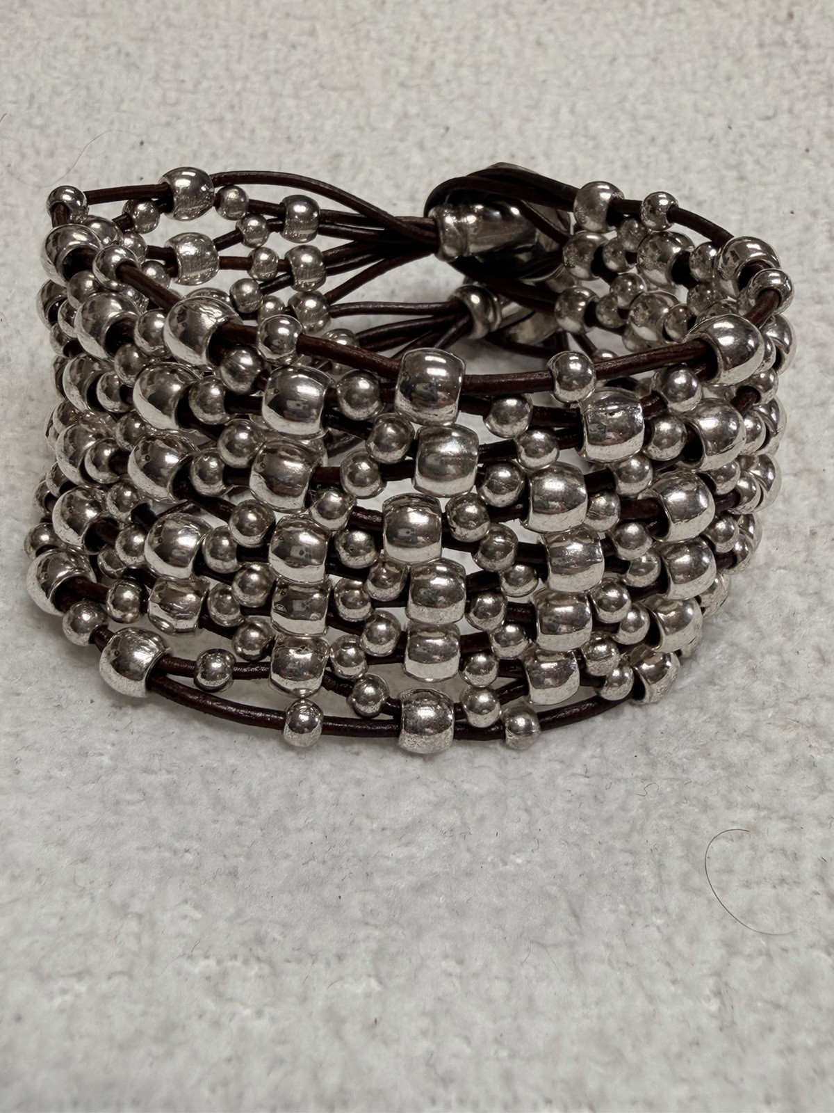 Boho Artisan Multi Strand Silver Plated Beaded Leather Cuff Bracelet Large 7.5″