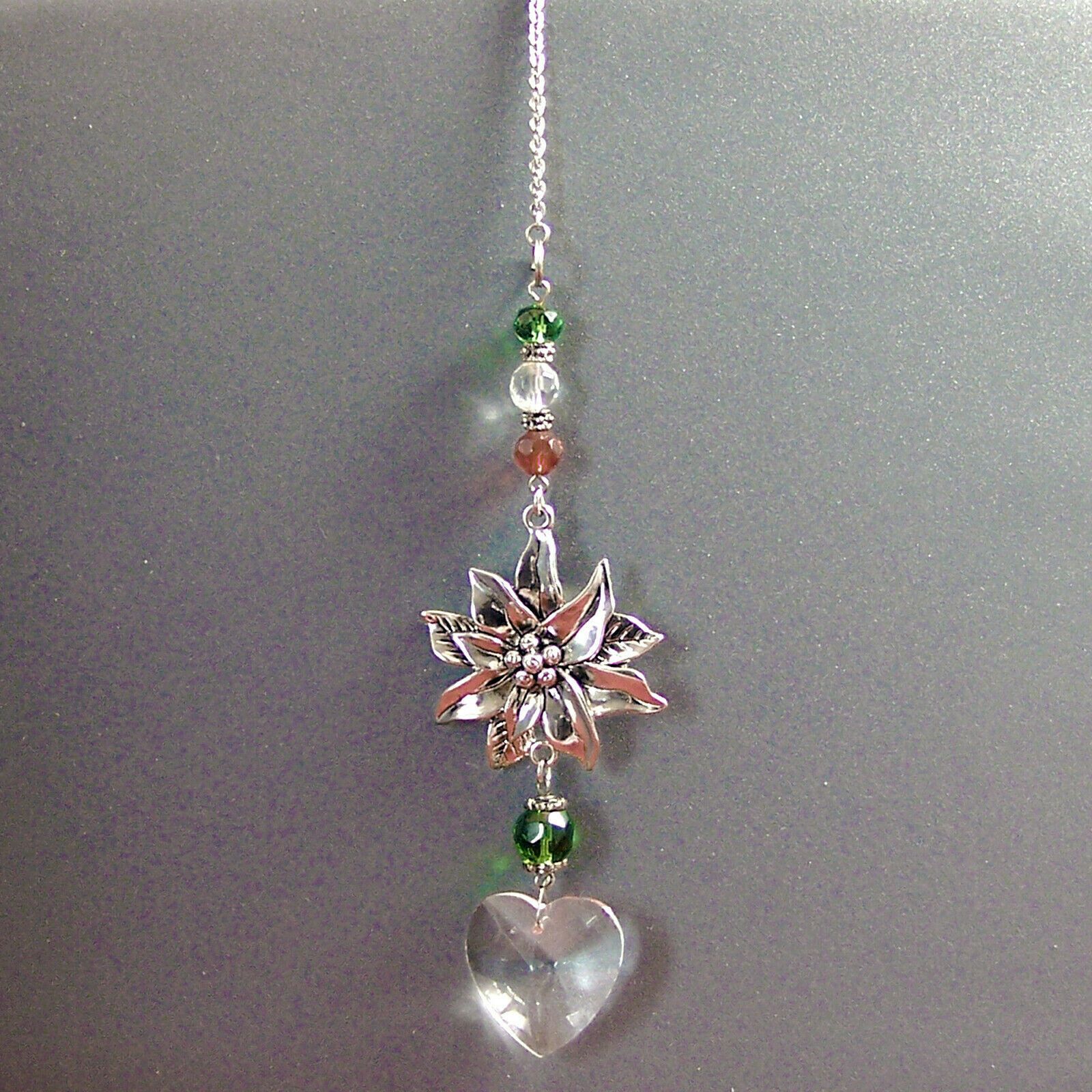 Unique Poinsettia Flower & Heart Pendant Chain Glass Beads 9.5″Inches Long