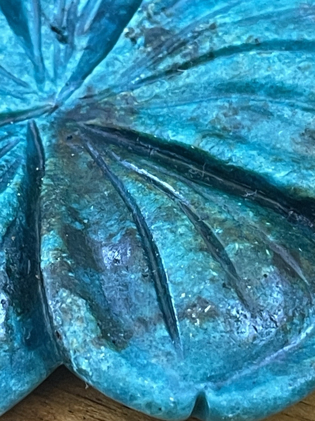 Large Carved Turquoise Look Flower Pendant. 925 Clasp On Rope