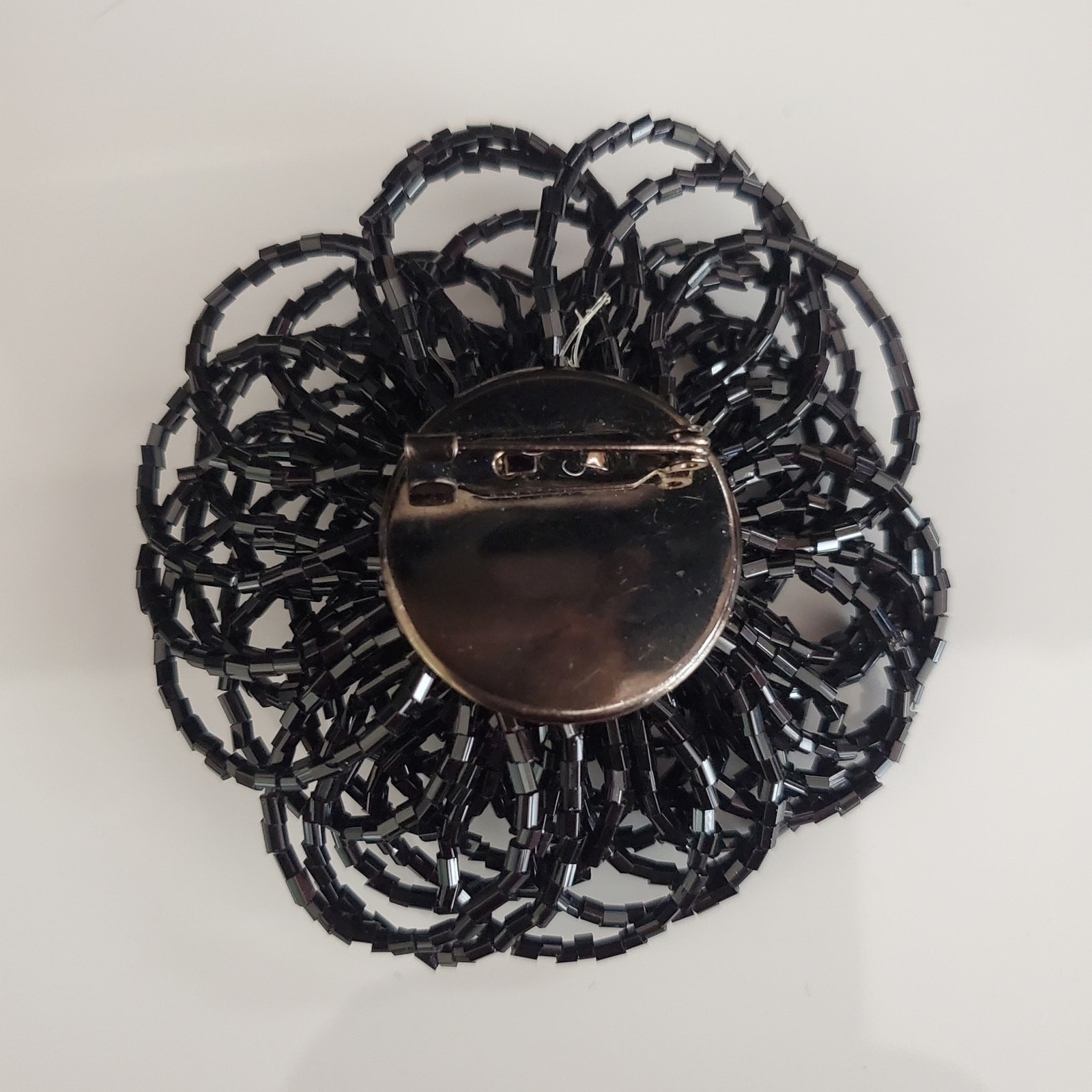 Large Flower Brooch Pin Black Faceted Seed Bead Cluster Rosette 3 Inches Across