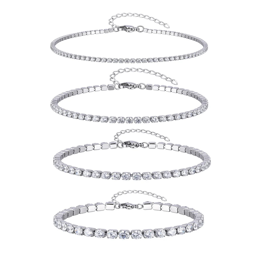 2/3/4/5mm Shiny Zircon Tennis Ankle Bracelet for Women, 18K Gold Plated Stainles