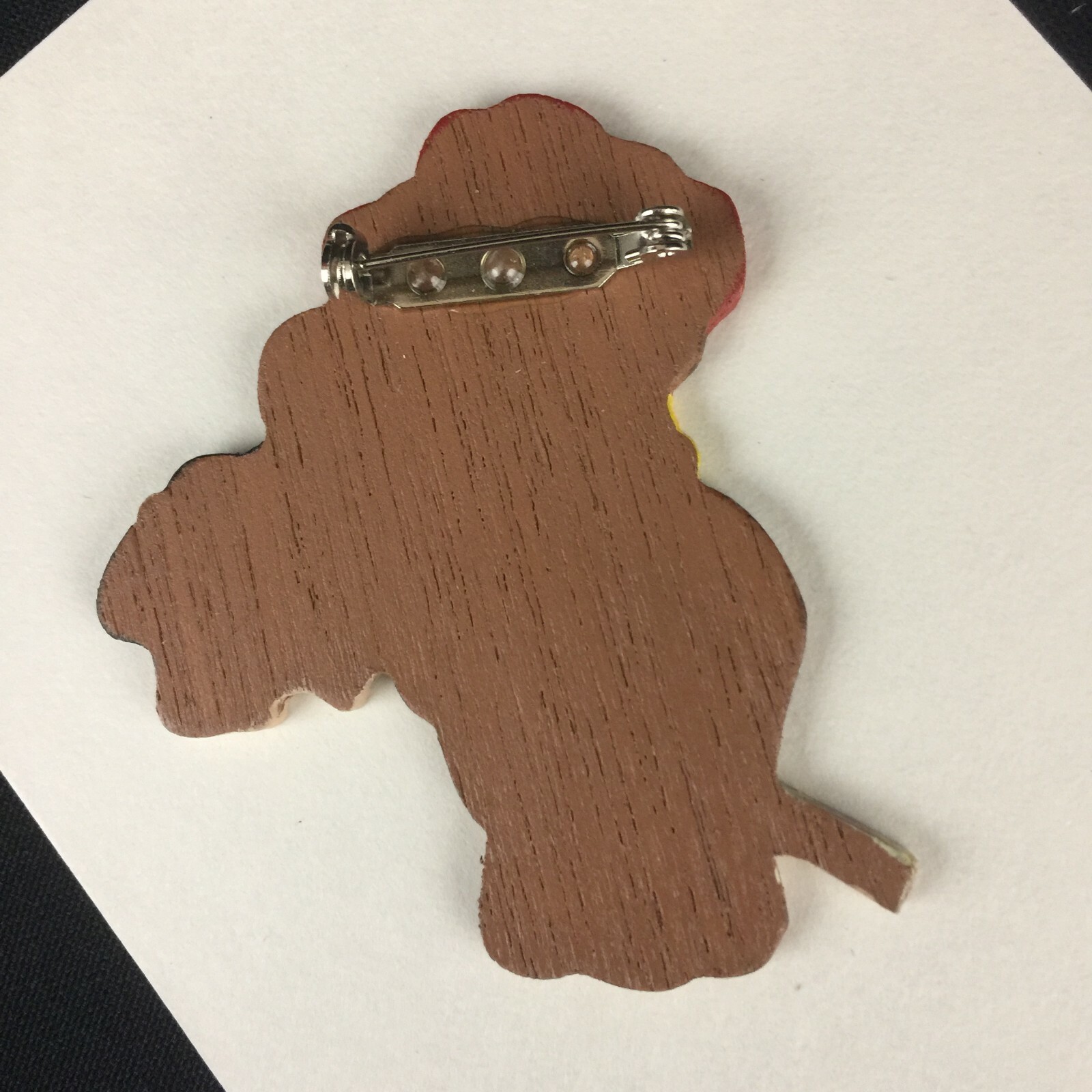 Brooch Cowboy Teddy Bear on Horse Pin Wooden Hand Painted Locking Bar Back VTG