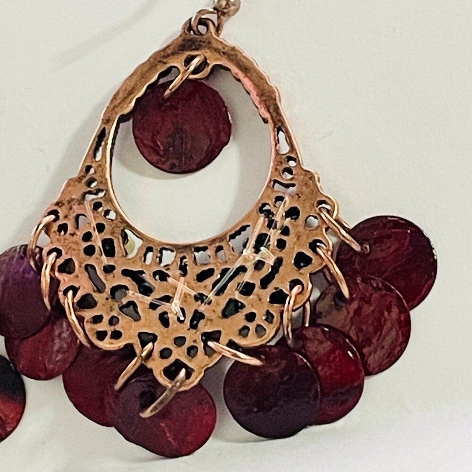 Boho Chandelier Dangle Earrings Red Shell Bead Gold Tone Festival Style