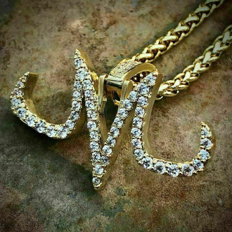 2.60 Ct Round Cut Simulated Diamond Majin M Charm Pendant 14k Yellow Gold Over