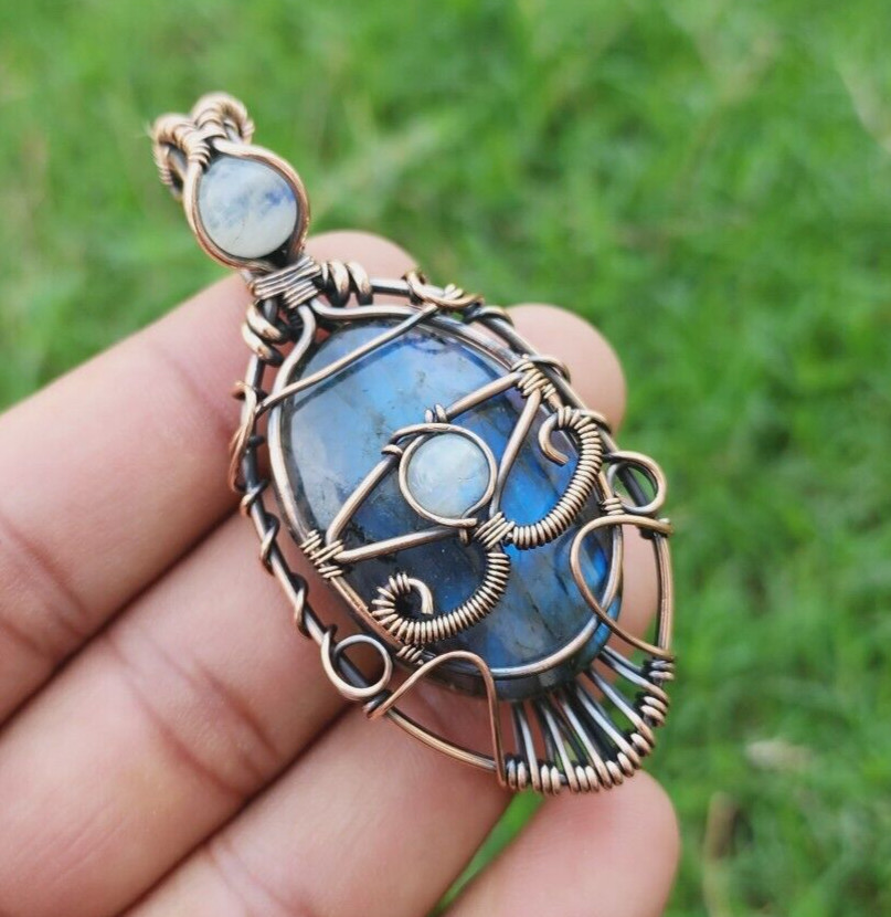 Labradorite Rainbow Moonstone Handmade Wire Wrapped Evil Eye Pendant Jewelry