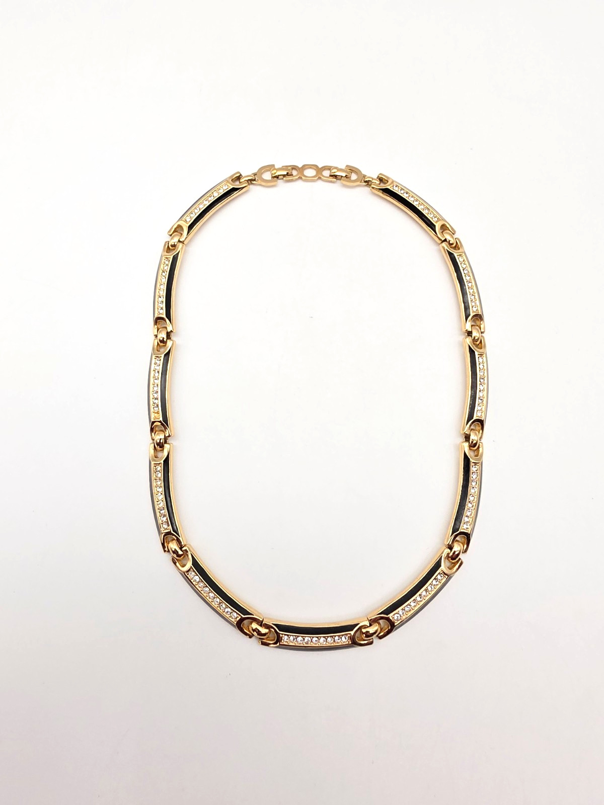 CHRISTIAN DIOR DESIGNER SIGNED 16-17″ NECKLACE W/CRYSTALS & BLACK ENAMEL ACCENTS