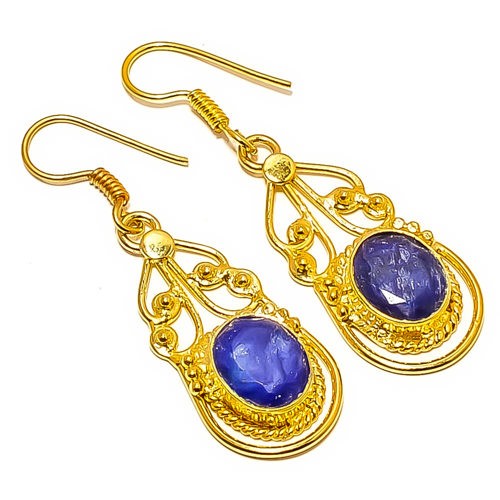Blue Sapphire (Lab-Created) 18k Yellow Gold Plated Earring 1.95″ E4-372
